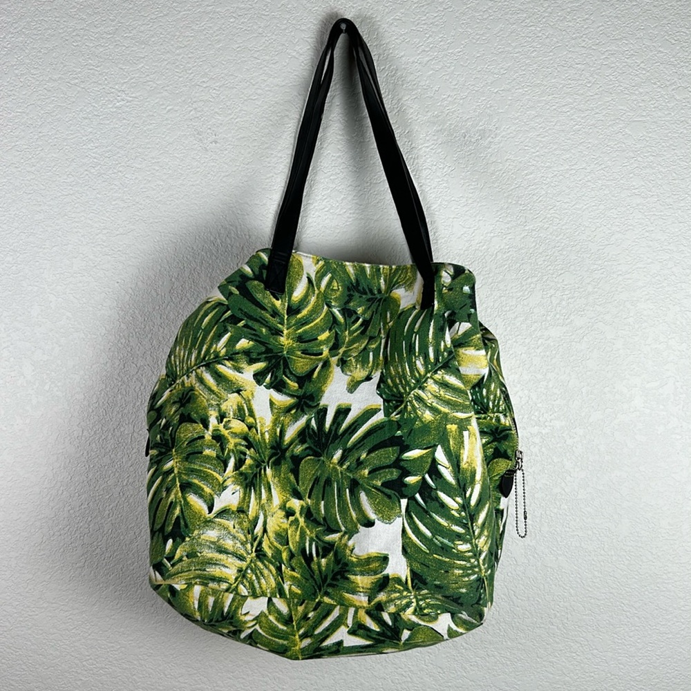 Under One Sky tropical canvas purse with 3 sections, faux leather handles